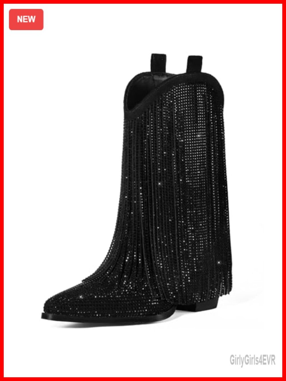 Women's Cowboy Boots Rhinestone Fringe Chunky Heel Pointed Toe Mid Calf Western